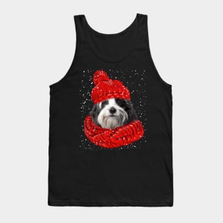 Tibetan Terrier Wearing Red Hat And Scarf Christmas Tank Top